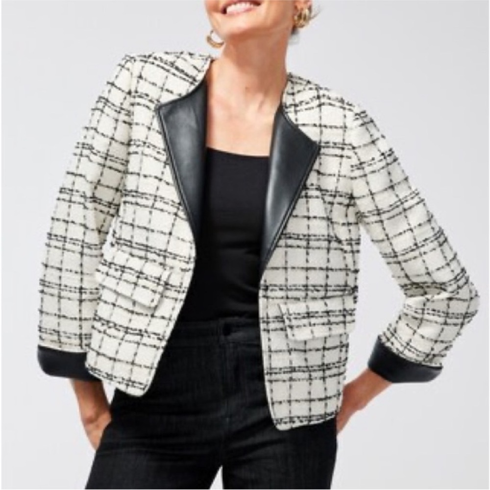 Chico's Tweed Faux Leather Feminine Old Money Plaid Jacket New Preppy